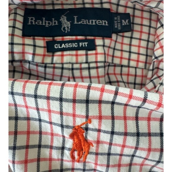 Ralph Lauren L/S Oxford Button Front Shirt Mens Medium Orange Navy Plaid - Picture 3 of 10